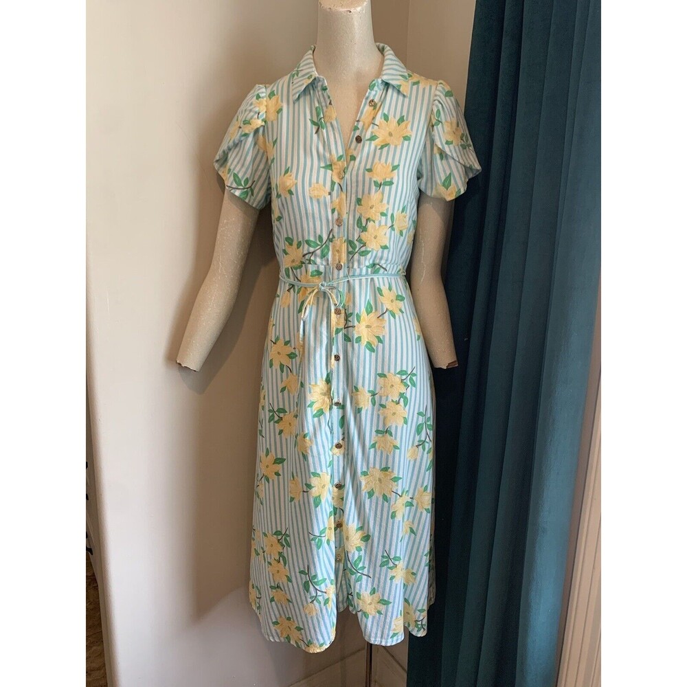 Draper James Womens Dress Blue Striped Floral Linen Blend Midi Shirt Size XS